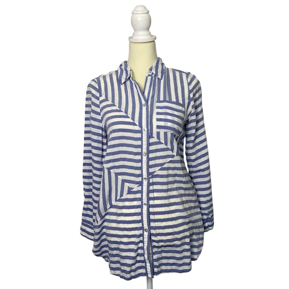 Chico’s 100% Lyocell Blue White Striped Button-Front Tunic Shirt Size 0 (US 4/6)